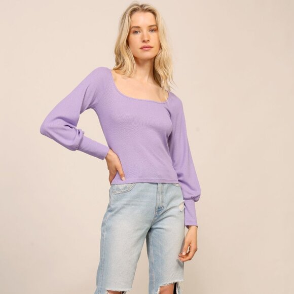LUMIERE Lavender Square Neck Knit Top | Long Sleeve Fitted Blouse - Picture 5 of 6